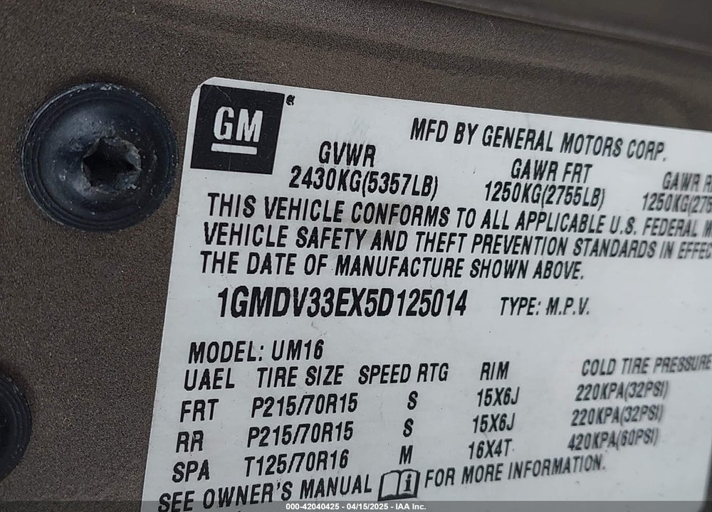 2005 PONTIAC MONTANA VIN: 1GMDV33EX5D125014