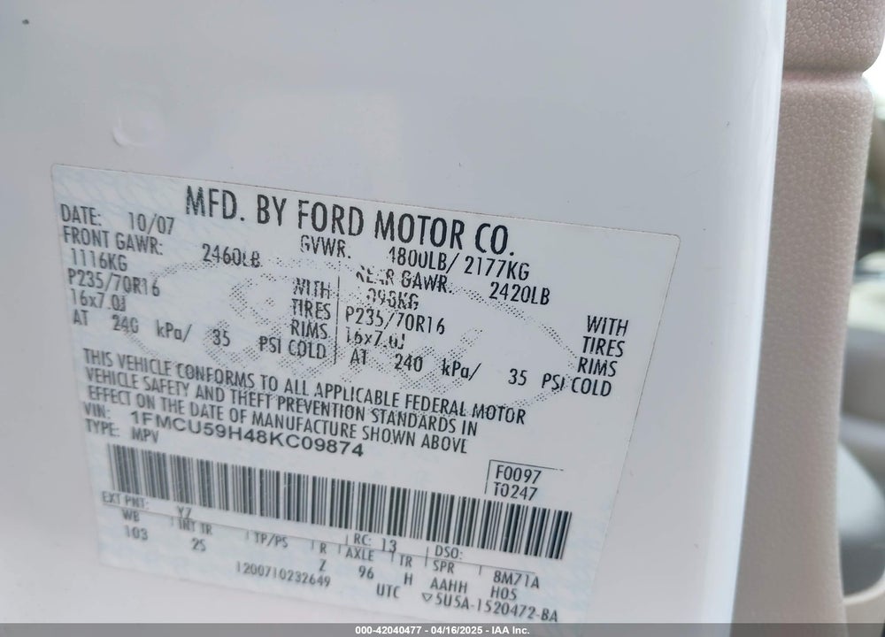2008 FORD ESCAPE VIN: 1FMCU59H48KC09874