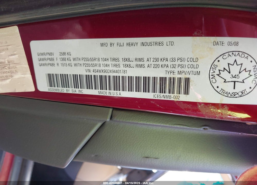 2009 SUBARU TRIBECA VIN: 4S4WX90DX94401781