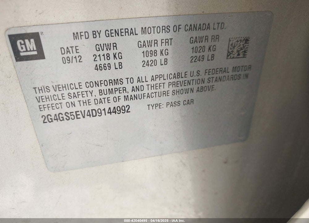 2013 BUICK REGAL VIN: 2G4GS5EV4D9144992