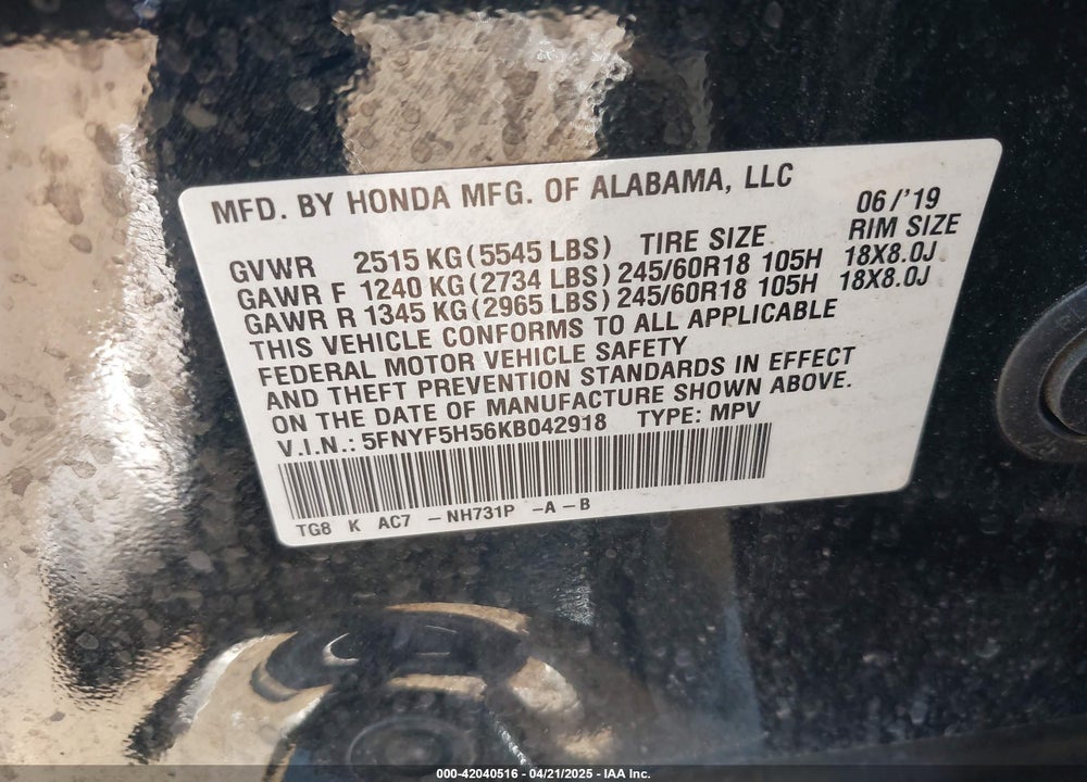 2019 HONDA PILOT VIN: 5FNYF5H56KB042918