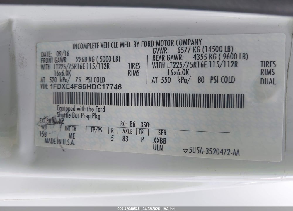 2017 FORD E-450 CUTAWAY VIN: 1FDXE4FS6HDC17746