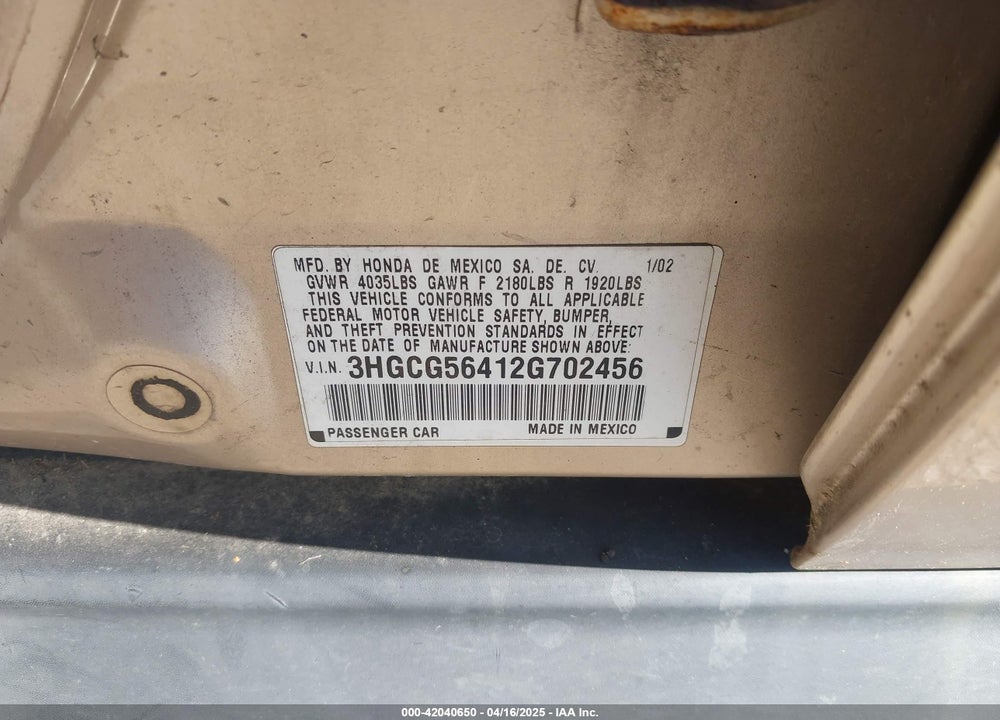 2002 HONDA ACCORD 2.3 LX VIN: 3HGCG56412G702456
