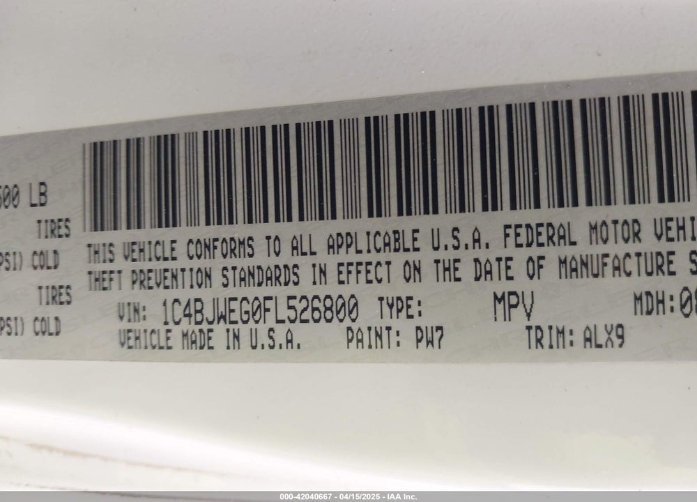 2015 JEEP WRANGLER UNLIMITED VIN: 1C4BJWEG0FL526800