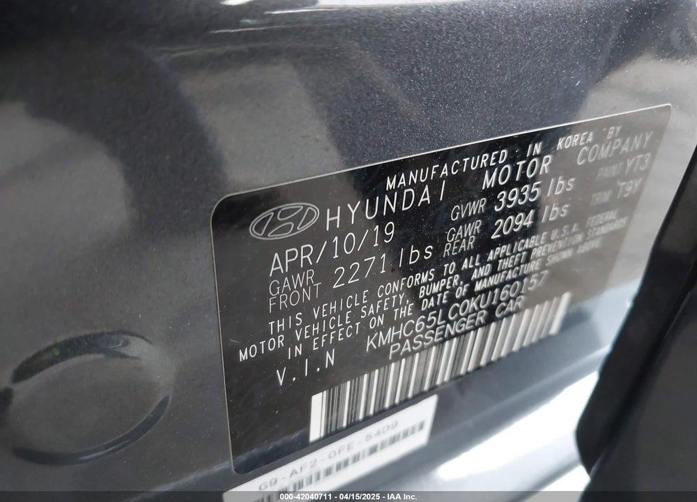 2019 HYUNDAI IONIQ VIN: KMHC65LC0KU160157