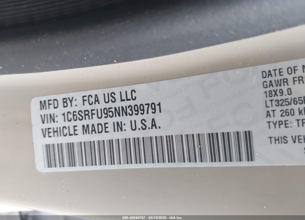 2022 RAM 1500 VIN: 1C6SRFU95NN399791