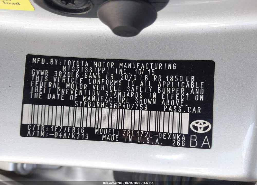 2016 TOYOTA COROLLA VIN: 5YFBURHEXGP407759