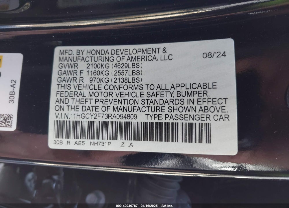 2024 HONDA ACCORD HYBRID SPORT-L VIN: 1HGCY2F73RA094809