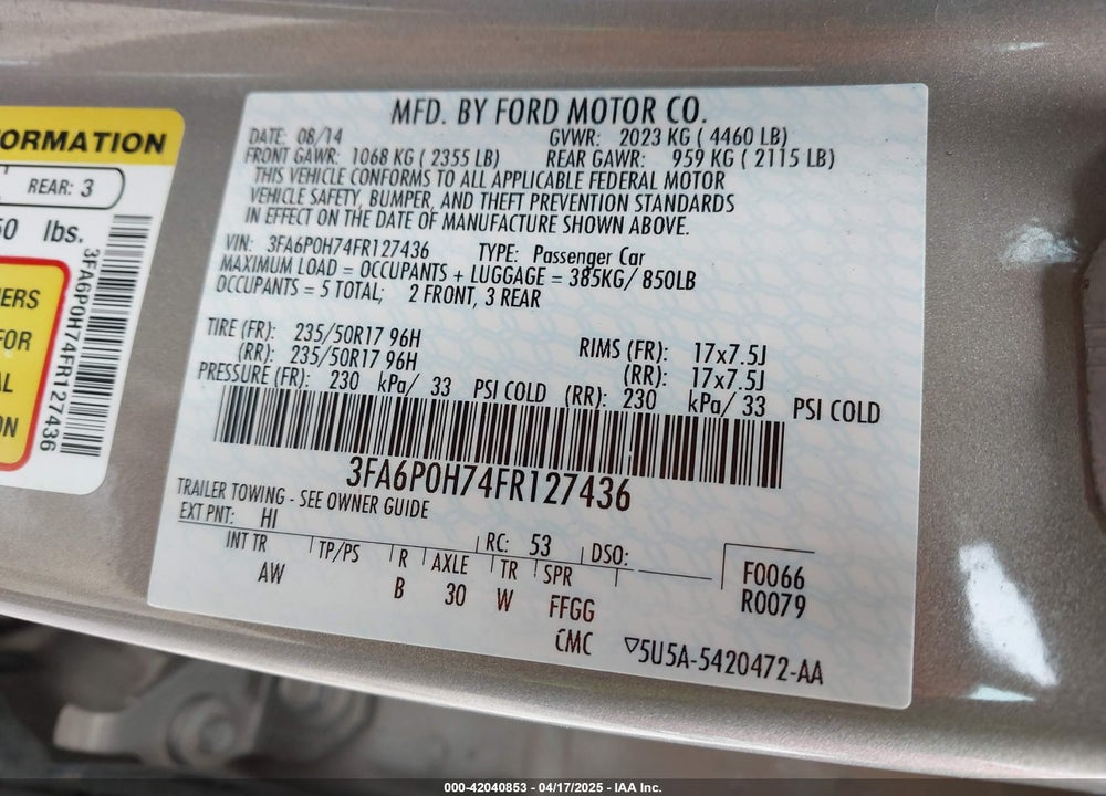2015 FORD FUSION SE VIN: 3FA6P0H74FR127436