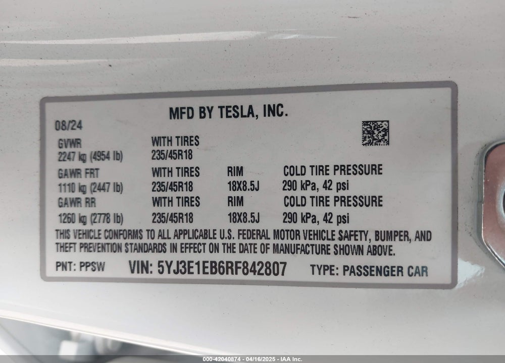 2024 TESLA MODEL 3 VIN: 5YJ3E1EB6RF842807