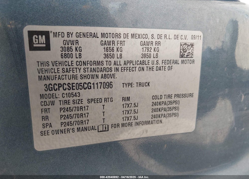 2012 CHEVROLET SILVERADO 1500 LT VIN: 3GCPCSE05CG117096