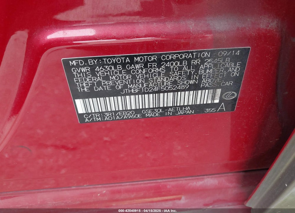 2015 LEXUS IS250 VIN: JTHBF1D24F5052489