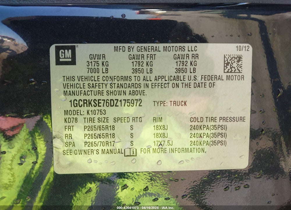 2013 CHEVROLET SILVERADO 1500 VIN: 1GCRKSE76DZ175972