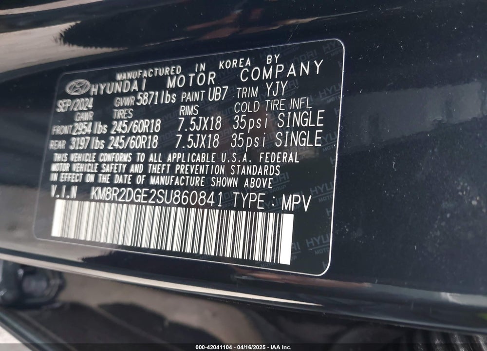 2025 HYUNDAI PALISADE VIN: KM8R2DGE2SU860841