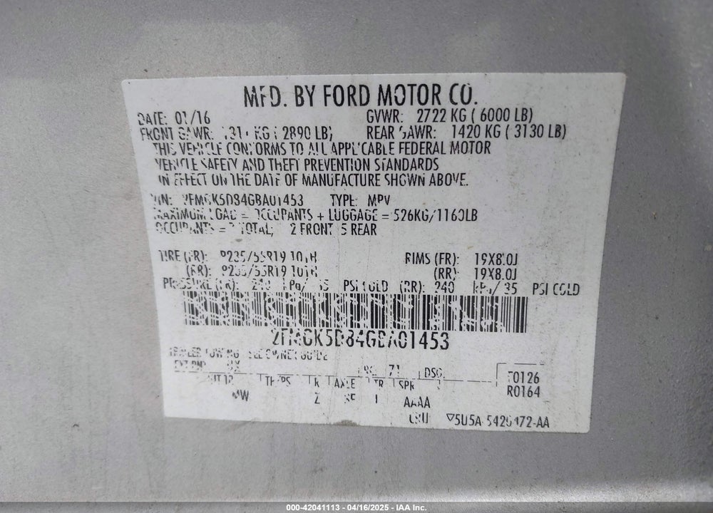 2016 FORD FLEX LIMITED VIN: 2FMGK5D84GBA01453