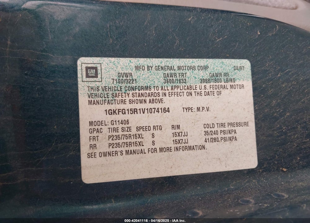 1997 GMC SAVANA STANDARD VIN: 1GKFG15R1V1074164