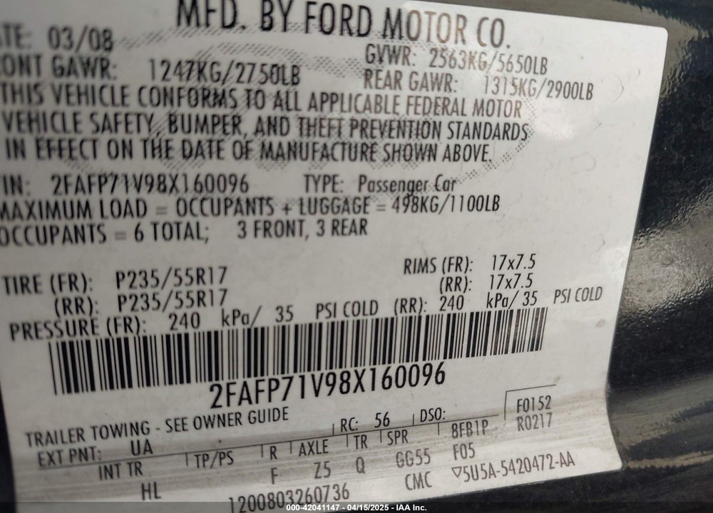 2008 FORD CROWN VICTORIA VIN: 2FAFP71V98X160096