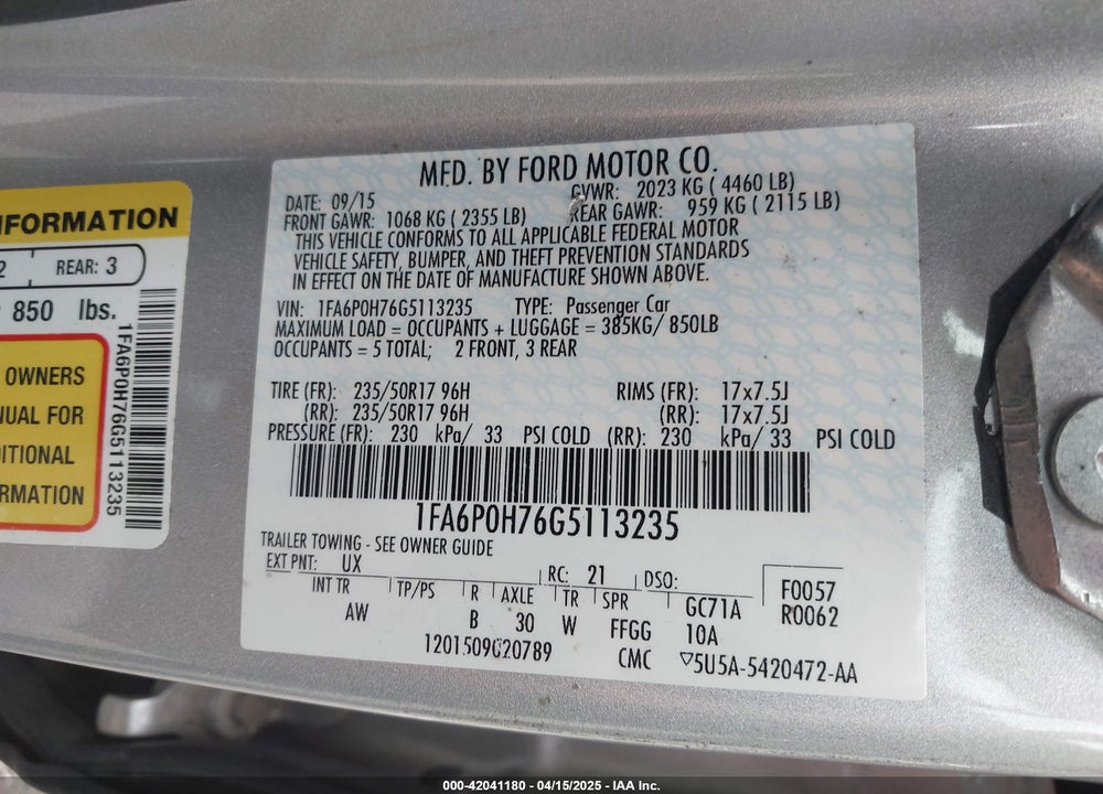 2016 FORD FUSION VIN: 1FA6P0H76G5113235