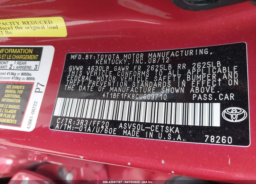 2012 TOYOTA CAMRY SE VIN: 4T1BF1FK8CU609710