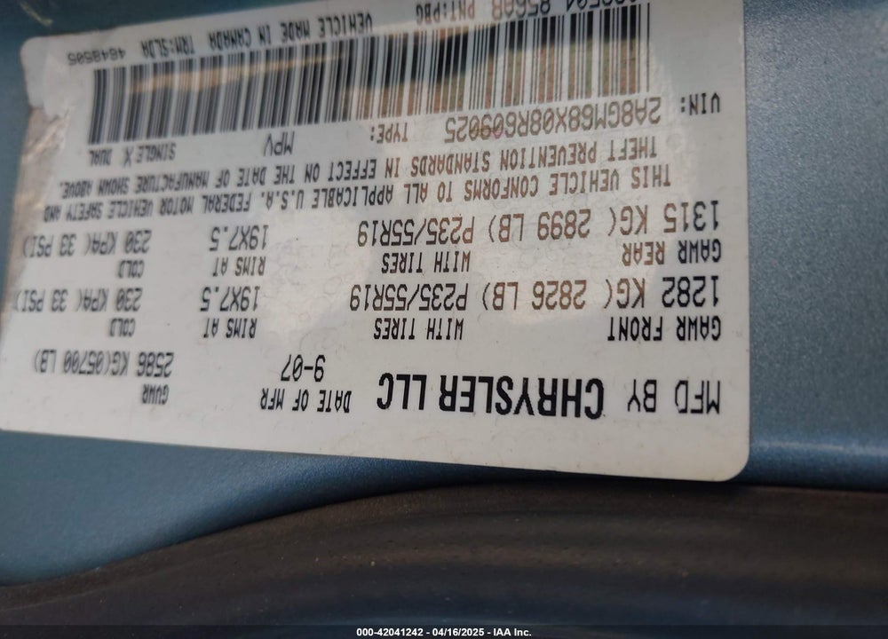 2008 CHRYSLER PACIFICA VIN: 2A8GM68X08R609025