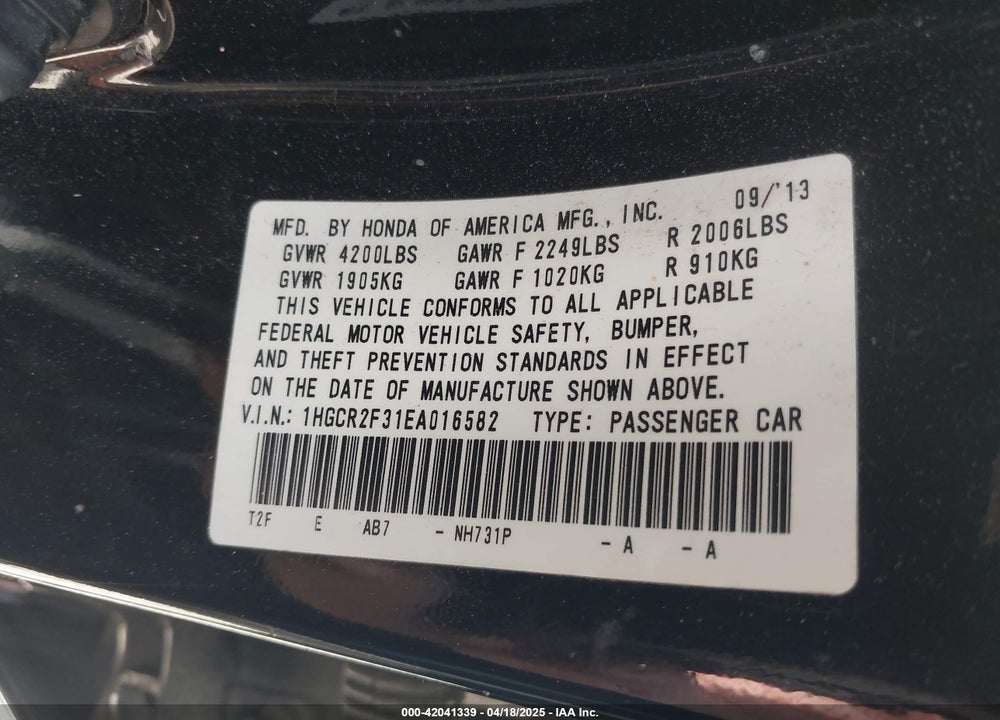 2014 HONDA ACCORD VIN: 1HGCR2F31EA016582