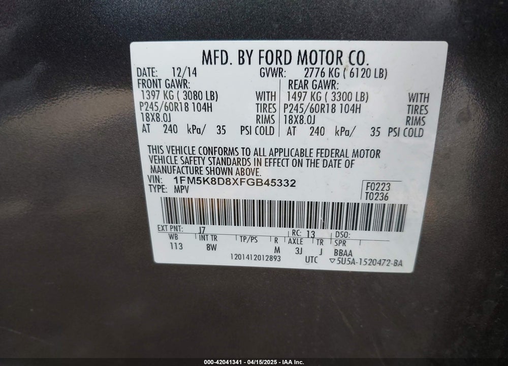 2015 FORD EXPLORER VIN: 1FM5K8D8XFGB45332