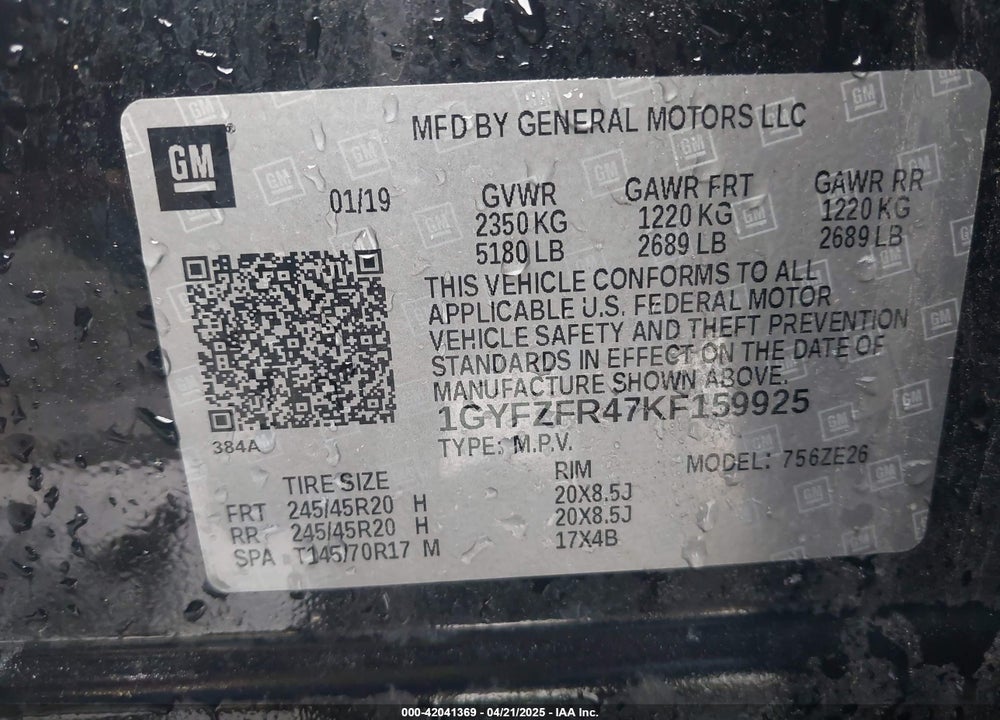 2019 CADILLAC XT4 VIN: 1GYFZFR47KF159925