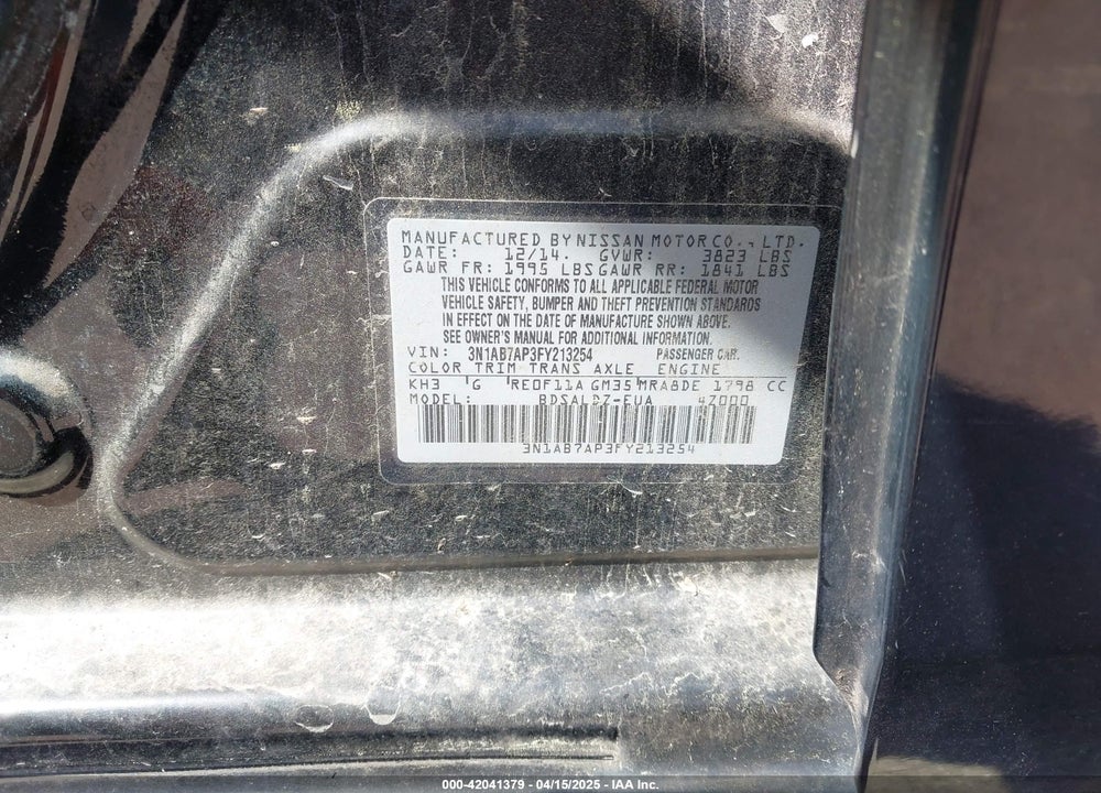 2015 NISSAN SENTRA VIN: 3N1AB7AP3FY213254