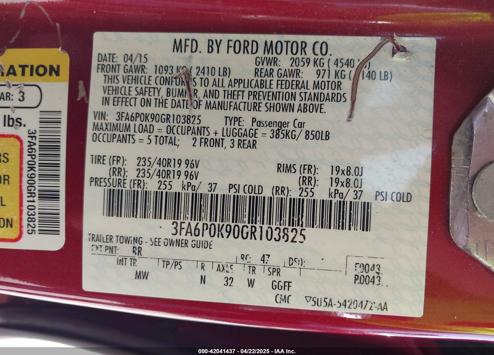 2016 FORD FUSION TITANIUM VIN: 3FA6P0K90GR103825
