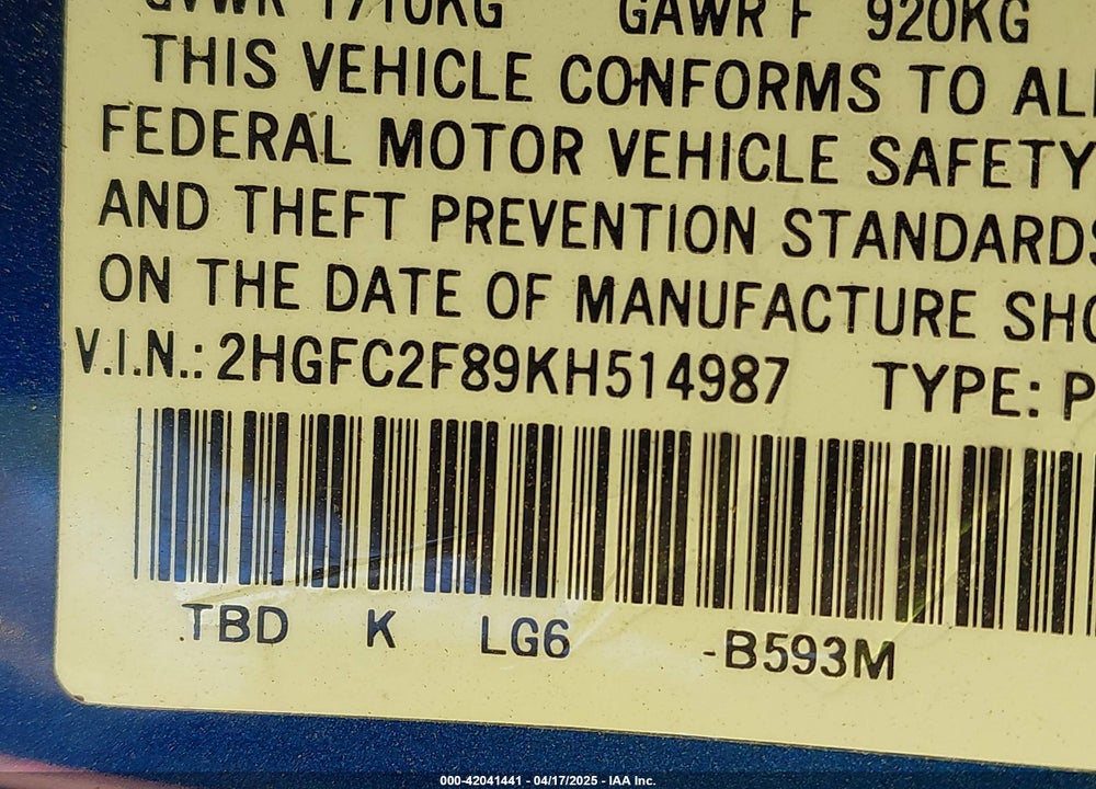 2019 HONDA CIVIC SPORT VIN: 2HGFC2F89KH514987