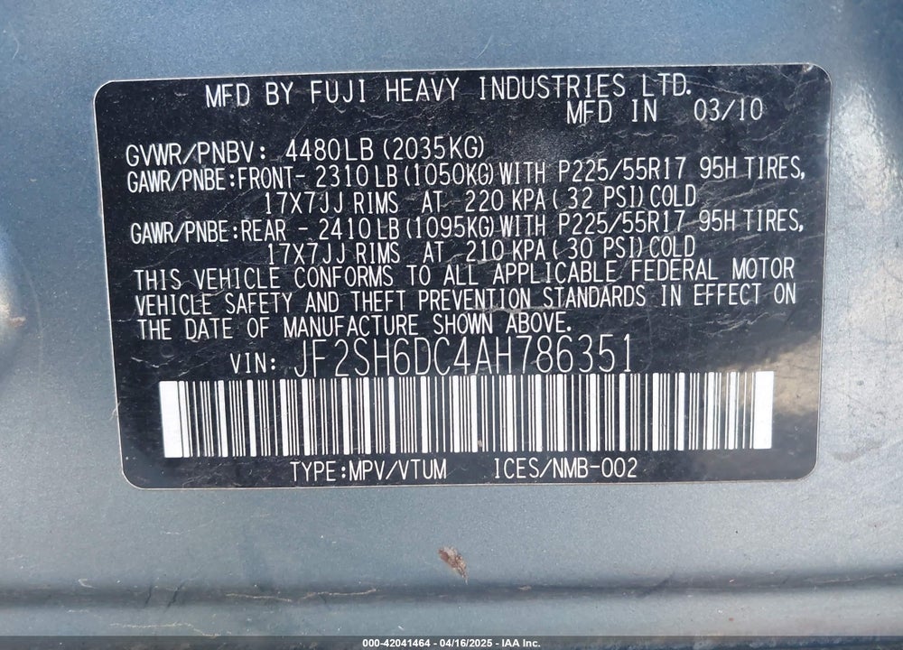 2010 SUBARU FORESTER 2.5X LIMITED VIN: JF2SH6DC4AH786351
