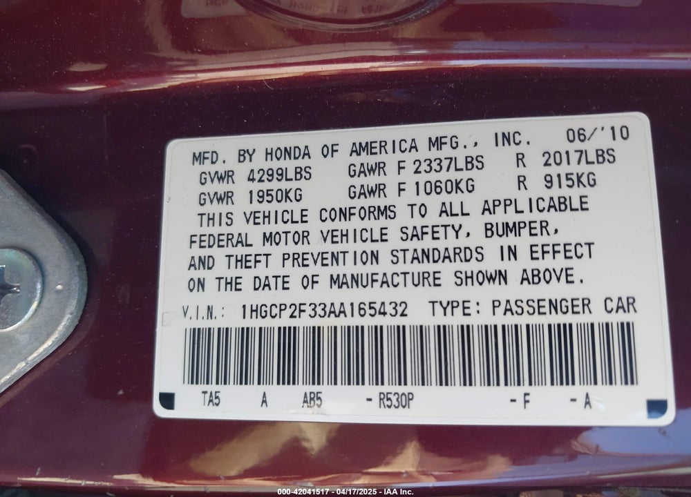 2010 HONDA ACCORD VIN: 1HGCP2F33AA165432