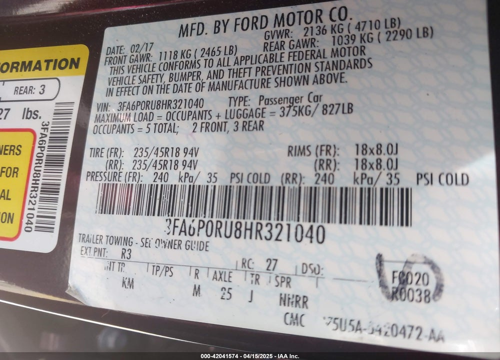 2017 FORD FUSION VIN: 3FA6P0RU8HR321040