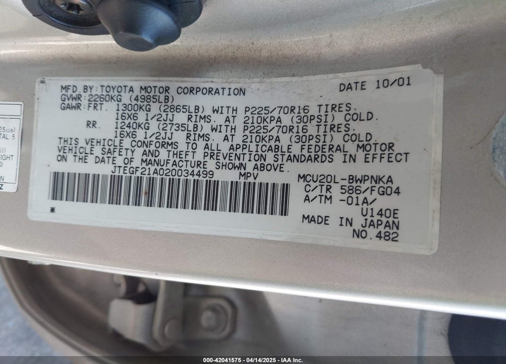 2002 TOYOTA HIGHLANDER V6 VIN: JTEGF21A020034499