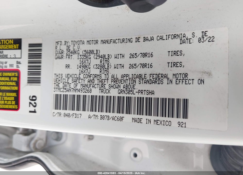 2022 TOYOTA TACOMA VIN: 3TMCZ5AN7NM493268