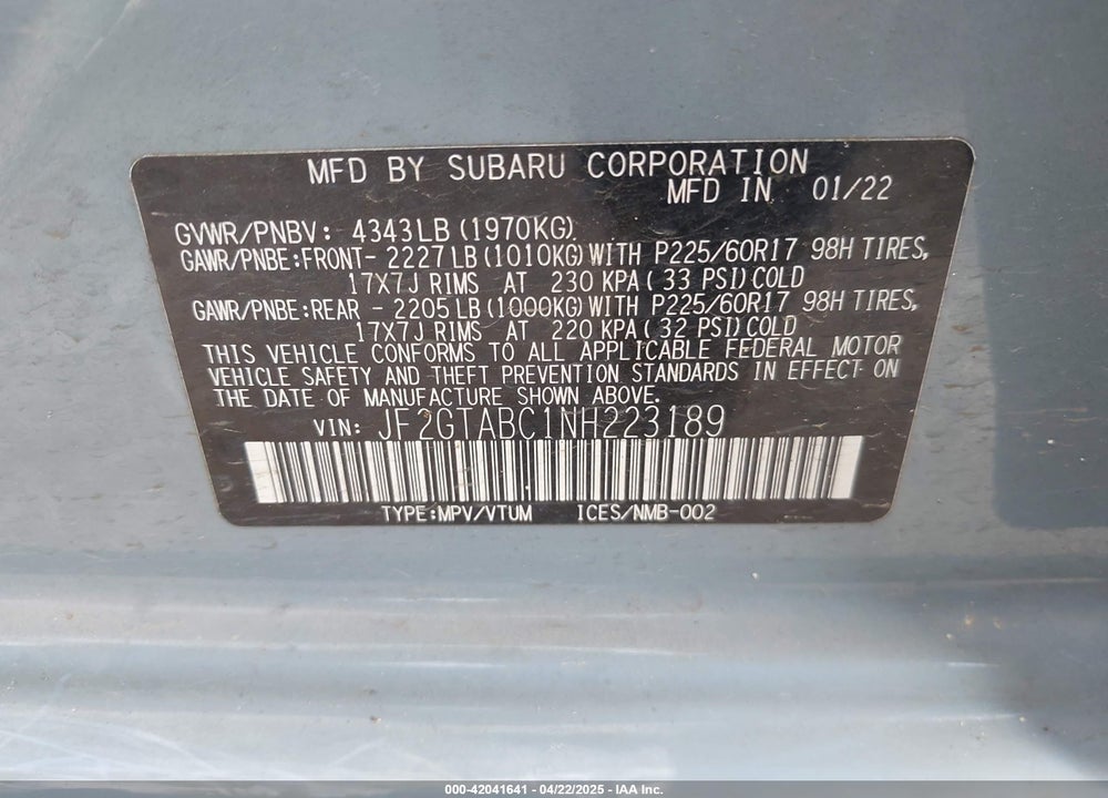 2022 SUBARU CROSSTREK VIN: JF2GTABC1NH223189
