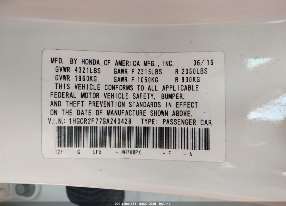 2016 HONDA ACCORD EX VIN: 1HGCR2F77GA240428