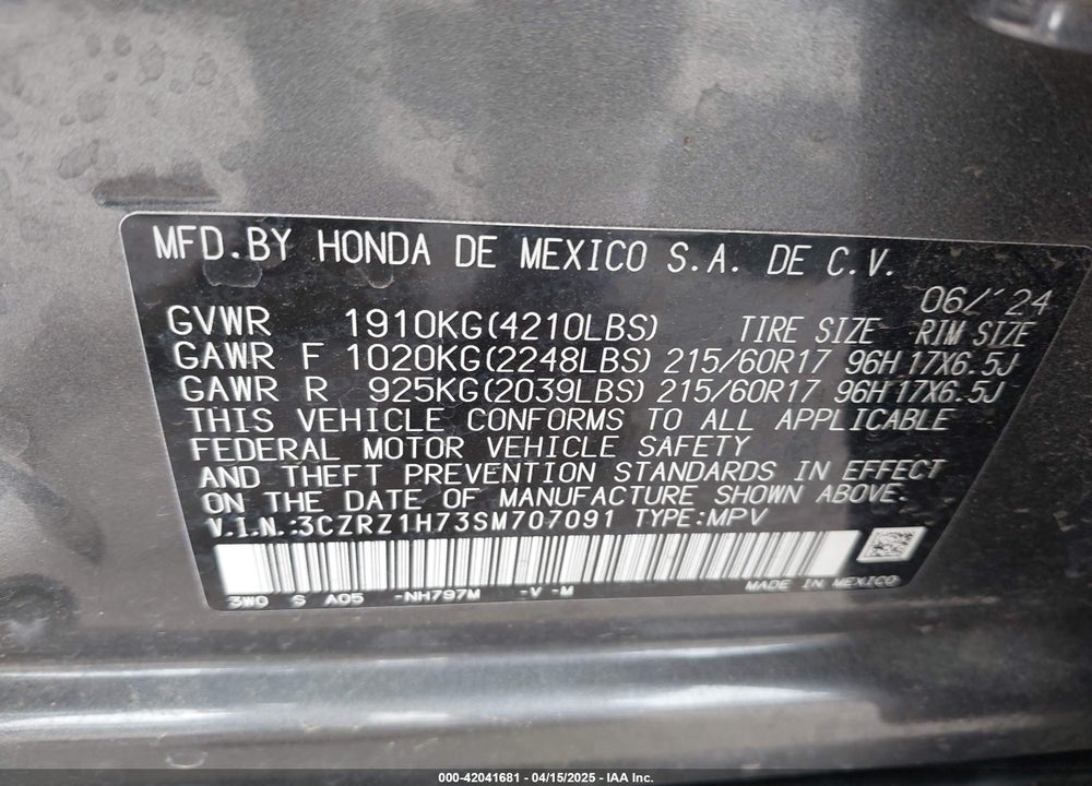 2025 HONDA HR-V VIN: 3CZRZ1H73SM707091