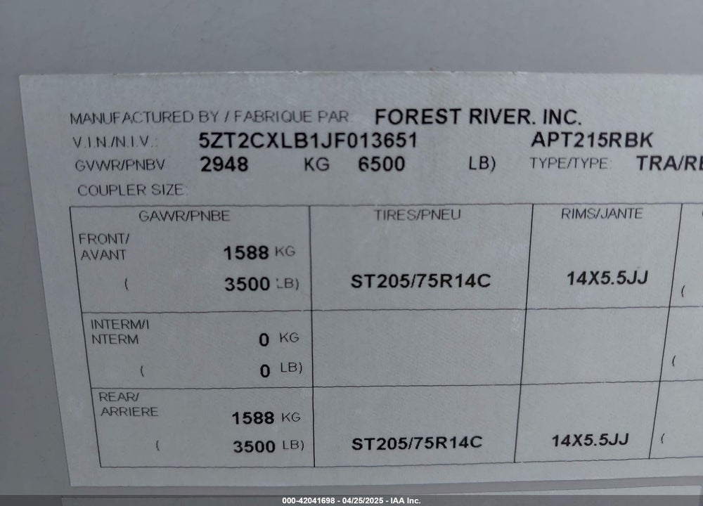 2018 COACHMEN OTHER VIN: 5ZT2CXLB1JF013651