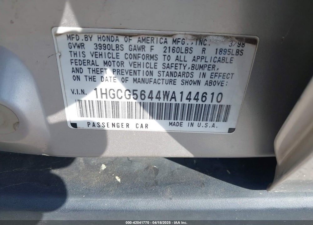 1998 HONDA ACCORD VIN: 1HGCG5644WA144610