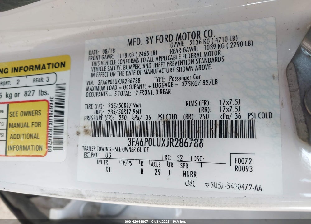 2018 FORD FUSION HYBRID SE VIN: 3FA6P0LUXJR286788