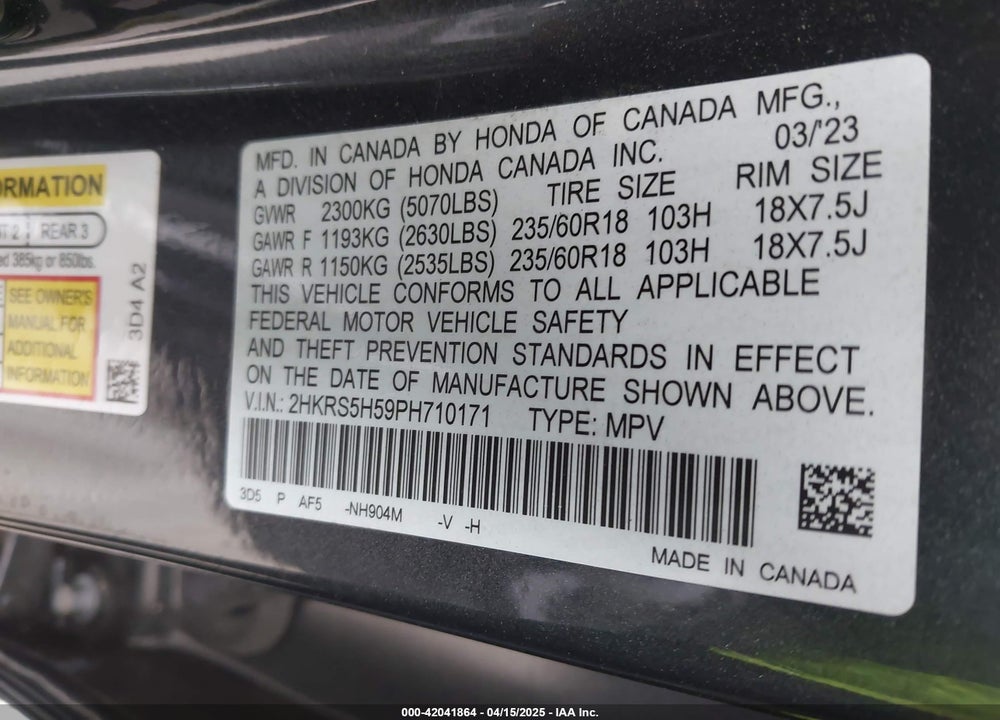 2023 HONDA CR-V HYBRID SPORT VIN: 2HKRS5H59PH710171