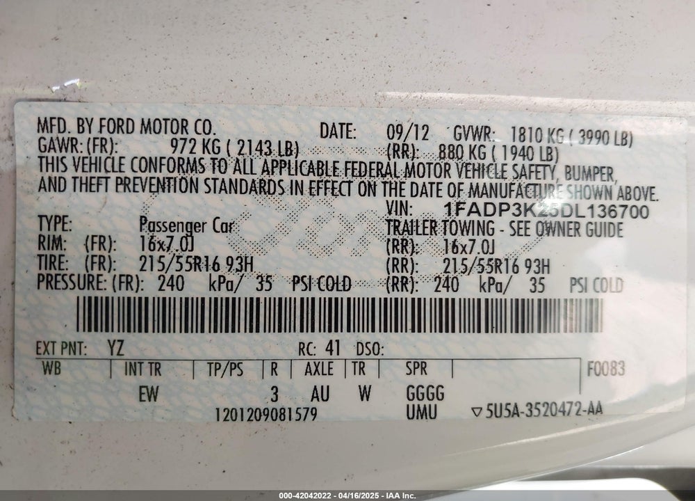 2013 FORD FOCUS SE VIN: 1FADP3K25DL136700