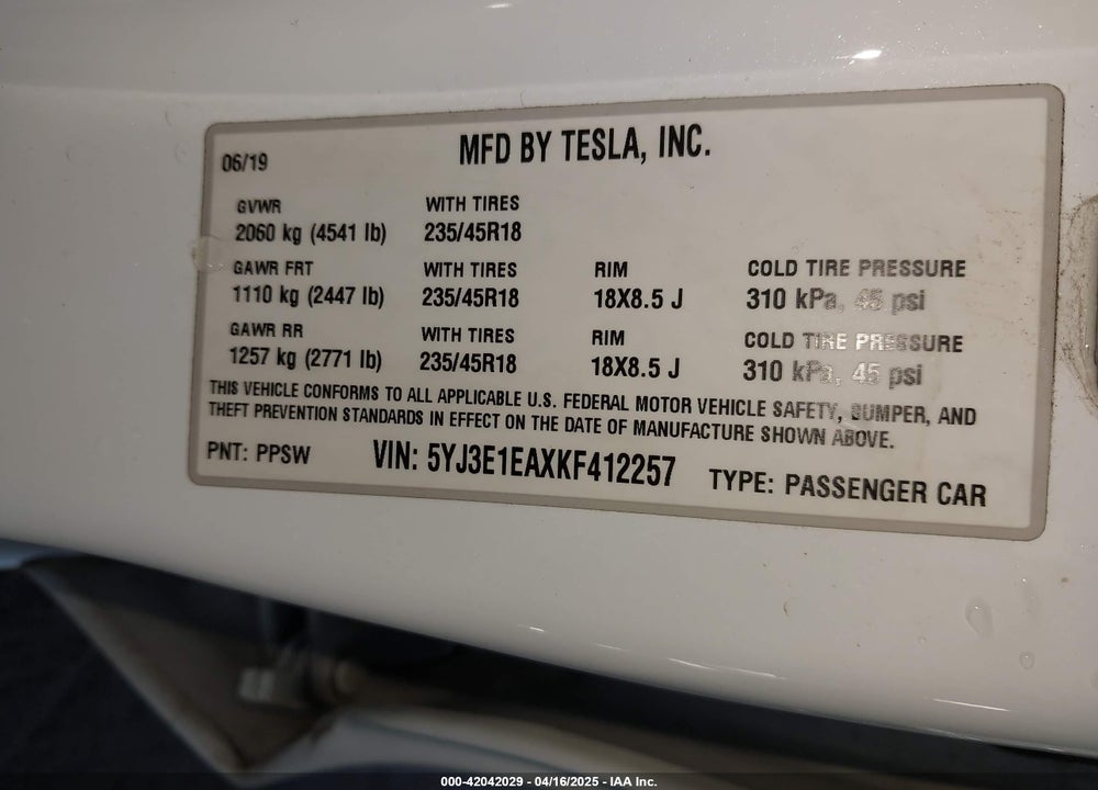 2019 TESLA MODEL 3 VIN: 5YJ3E1EAXKF412257