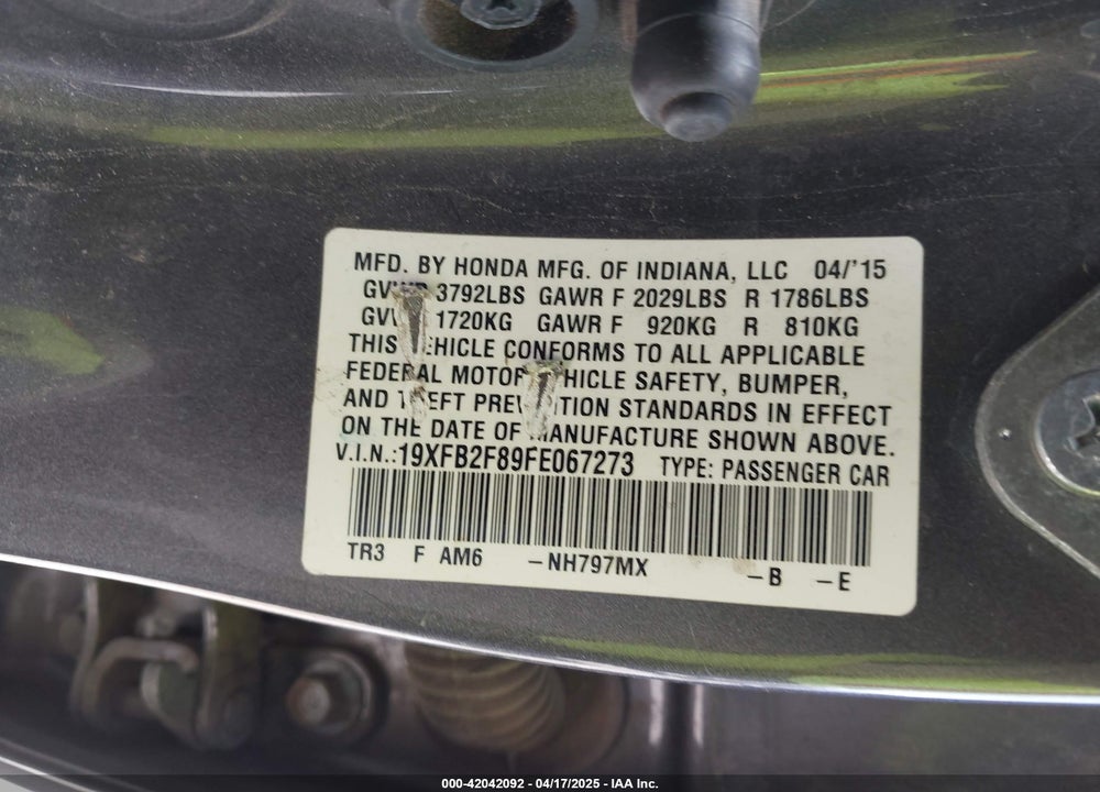 2015 HONDA CIVIC VIN: 19XFB2F89FE067273