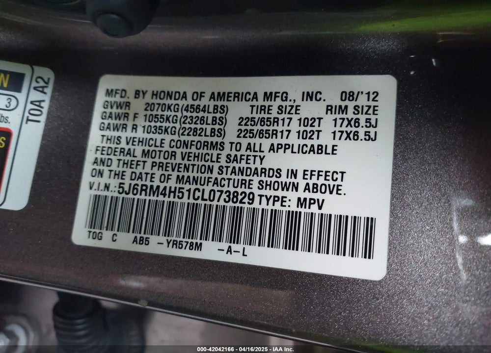 2012 HONDA CR-V EX VIN: 5J6RM4H51CL073829