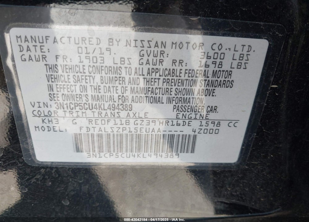 2019 NISSAN KICKS VIN: 3N1CP5CU4KL494389