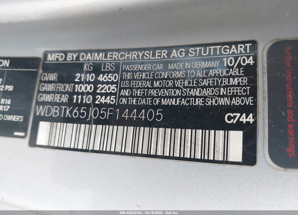 2005 MERCEDES-BENZ CLK 320 VIN: WDBTK65J05F144405