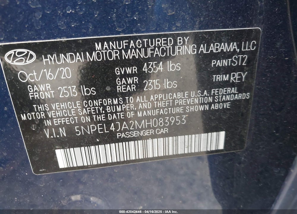 2021 HYUNDAI SONATA SEL VIN: 5NPEL4JA2MH083953