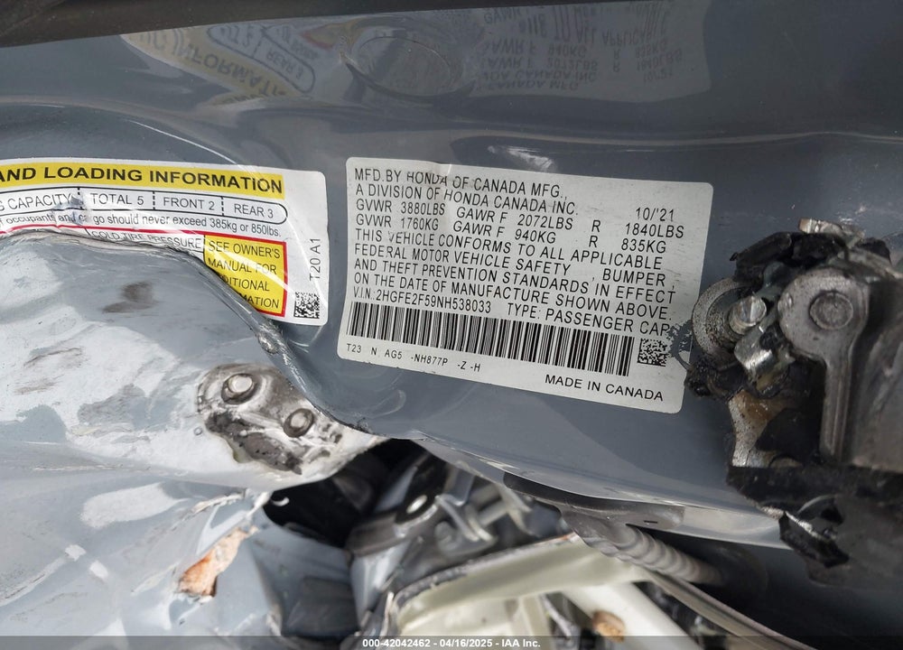 2022 HONDA CIVIC SPORT VIN: 2HGFE2F59NH538033